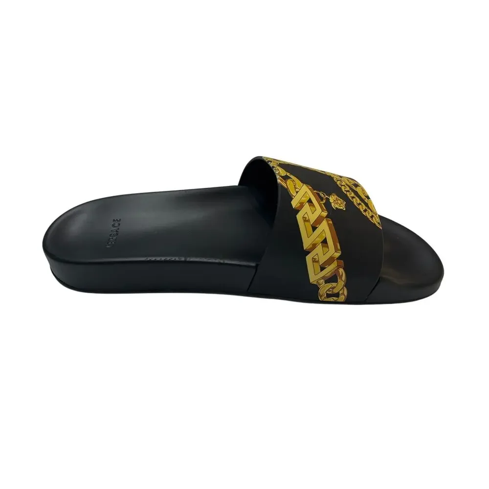 6-99 VERSACE Men's Baroque Sandals Leather Black Gold Size IT42/US8.5-9